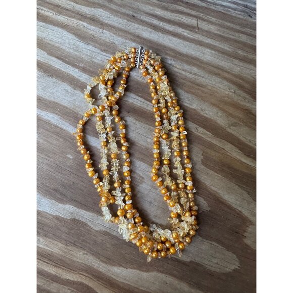 Vintage Sterling Triple Strand Necklace With Golden Pearls & Quartz Beads - Picture 3 of 5